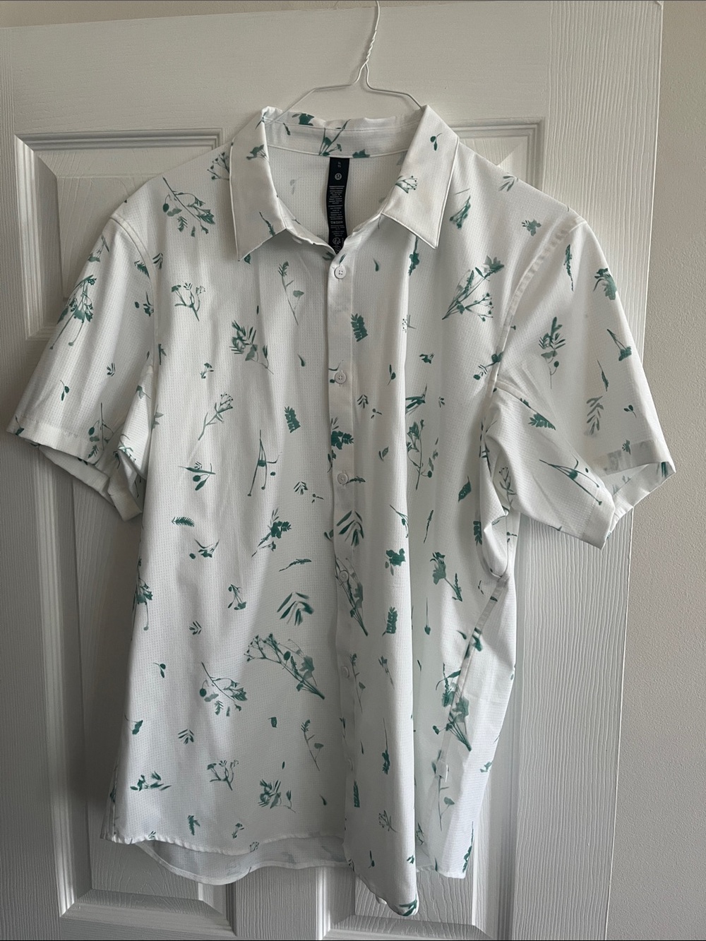 Men's White Short-Sleeve Button Down Shirt with Green Botanical Print